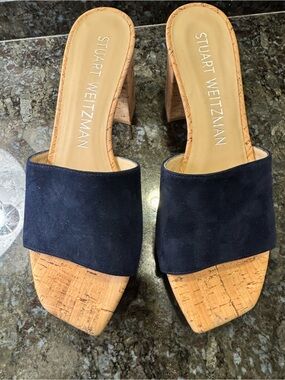 Women’s Stuart Weitzman Navy Suede Cork Block Heel Mule size 9.5 NEW